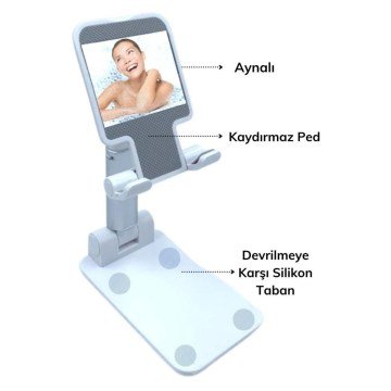 Beyaz Aynalı Portatif Katlanabilen Cep Telefonu Standı