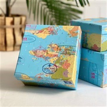 Harita Tasarımlı Kare Hediye Kutusu 3'lü Set