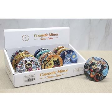 Kedi Motifli Taşlı Tasarımlı Oval Bayan İnce Makyaj Aynası
