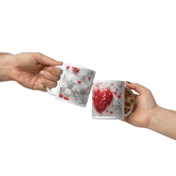 Dekoratif Beyaz Gül Ve Kırmızı Kalp Temalı Seramik Kupa Bardak