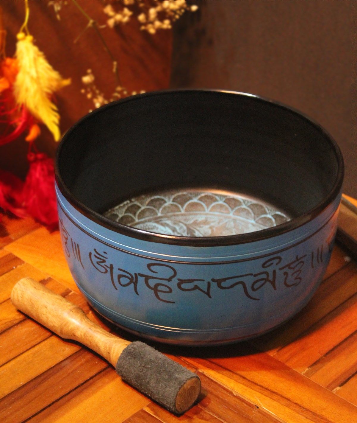 Mavi Pirinç Kase Buddha İşleme Tibet Meditasyon Çanı (29 cm)