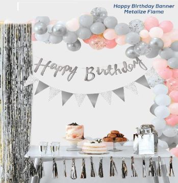 Flamalı Happy Birthday Gümüş Banner Uzar Yazı