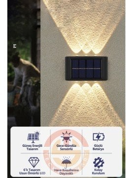Solar Güneş Enerjili Dış Mekan Aplik Aydınlatma 6Led (2 Adet)