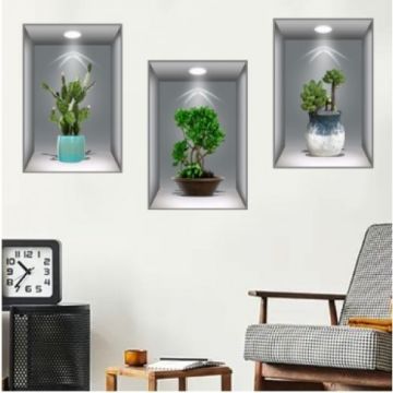 3D Gri Vazo Çiçek Tasarımlı Duvar Sticker 3'lü