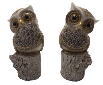 Dekoratif Polyester Kütük Üstünde Sarı Baykuş Biblosu (18 cm)