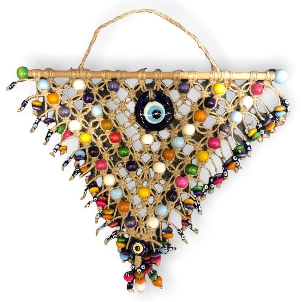 Asılabilir Üçgen Modelli Ahşap Boncuklu Kapı Duvar Süsü (32 cm)