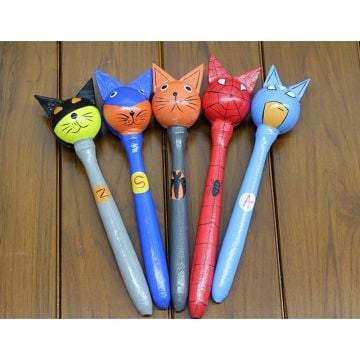 Ahşap 5'li Renkli Kedi Tasarımlı Marakas (20 cm)