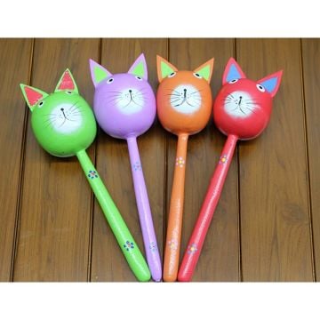 Ahşap Renkli Kedi Tasarımlı Marakas (25 cm)
