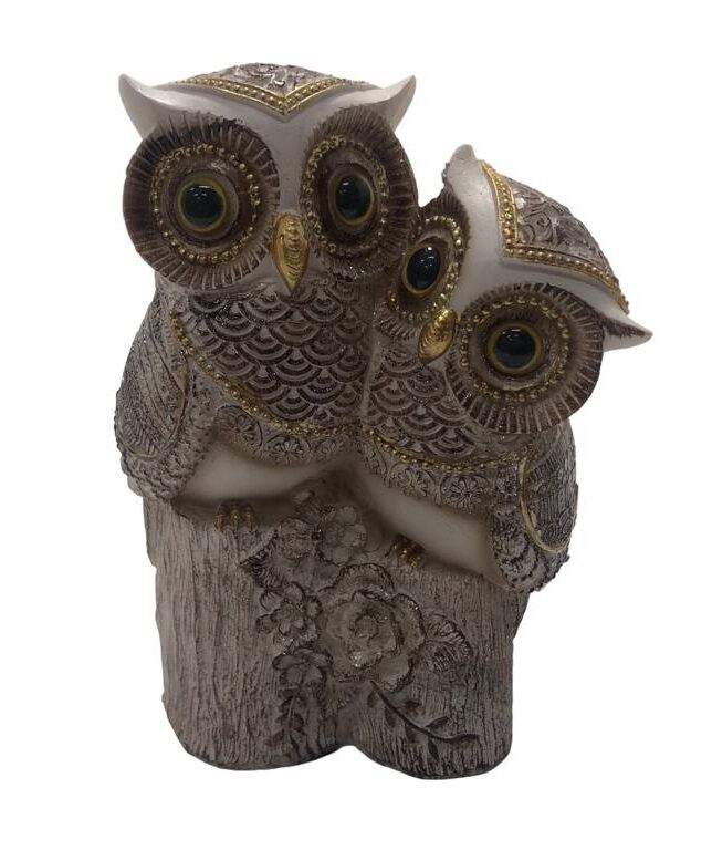 Dekoratif Kütük Üstünde Polyester Baykuşlar Biblosu (17 cm)