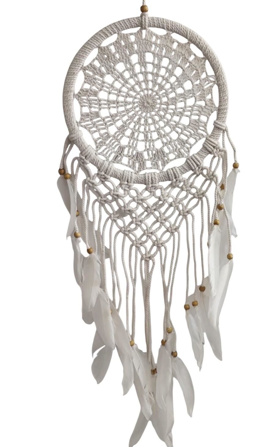 Beyaz Örgü Boncuklu Tüylü Rüya Düş Kapanı Dream Catcher (22 x 60 cm)