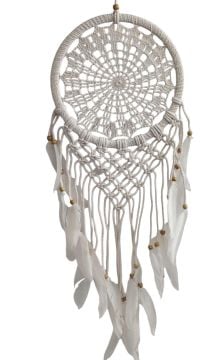 Beyaz Örgü Boncuklu Tüylü Rüya Düş Kapanı Dream Catcher (22 x 60 cm)