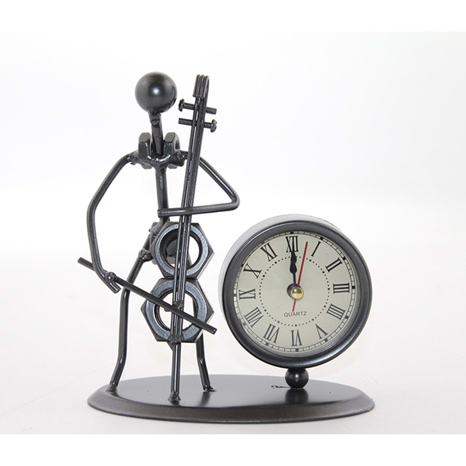 Metal  Viyolonsel Çalan Müzisyen Tasarım Masa Saati (15 cm x 12 cm)