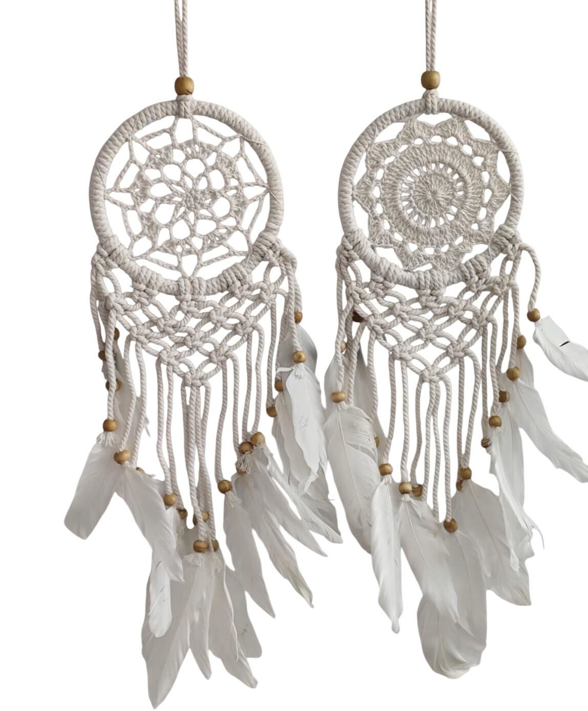 Beyaz Örgü Boncuklu Tüylü Rüya Düş Kapanı Dream Catcher (12 x 40 cm)