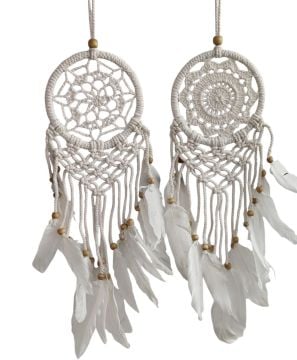 Beyaz Örgü Boncuklu Tüylü Rüya Düş Kapanı Dream Catcher (12 x 40 cm)
