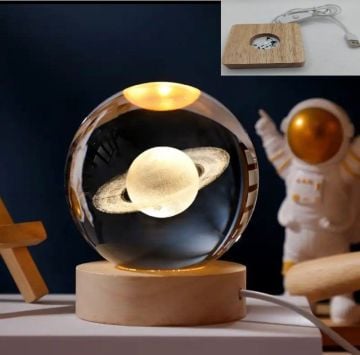 Dekoratif Ahşap Kare Altlıklı Galaksi Işıklı Cam Küre (6 cm)