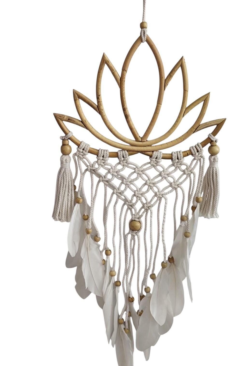 Lotus Desen Boncuklu Tüylü Rüya Düş Kapanı Dream Catcher (25 x 57 cm)