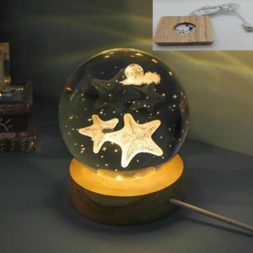 Dekoratif Ahşap Kare Altlıklı Yıldız Işıklı Cam Küre (6 cm)