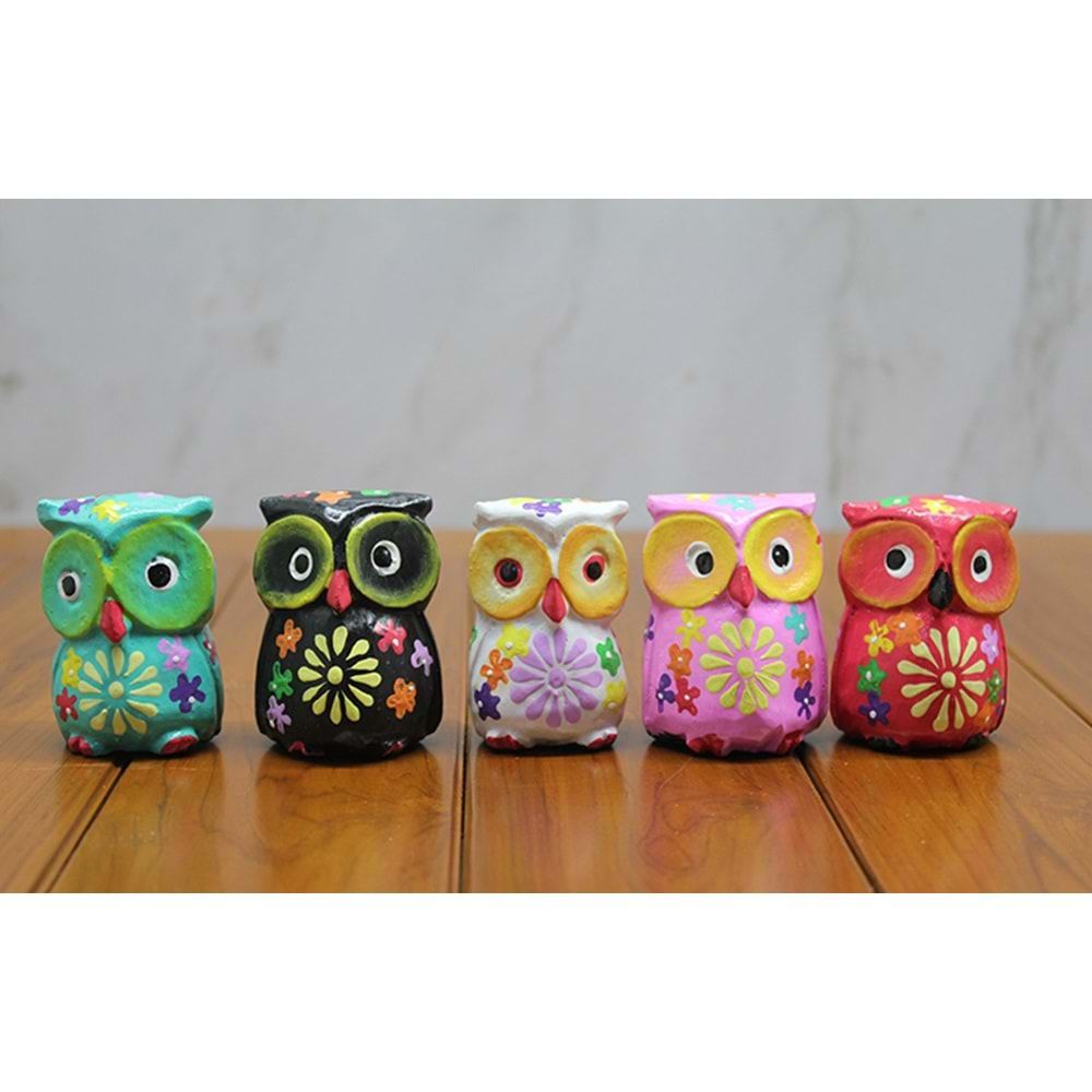 Dekoratif Çiçek Desenli Mini Ahşap Baykuş Biblosu 5'li