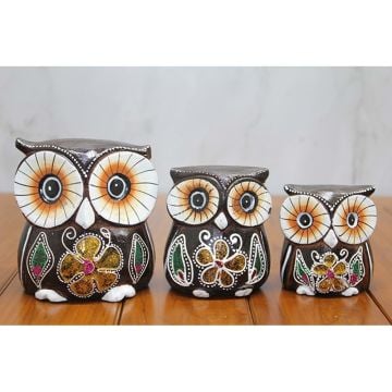 Dekoratif Kahve Desenli Mini Ahşap Baykuş Biblosu 3'lü