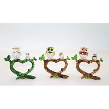 Dekoratif Swarovski Taşlı Kalp Üstüne Baykuş Ve Yavru Biblosu (11 cm x 10 cm)