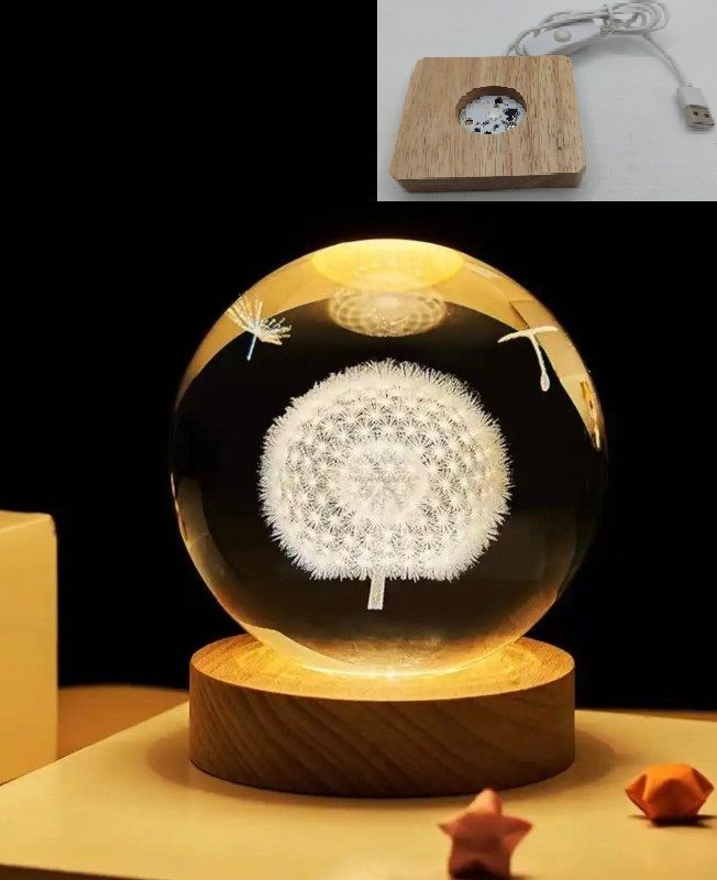 Dekoratif Ahşap Kare Altlıklı Karahindiba Işıklı Cam Küre (6 cm)