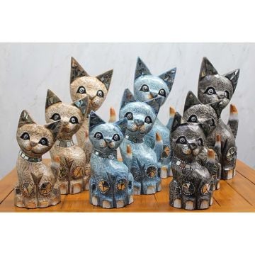 Ahşap Taşlı Dekorlu Kedi Bibloları 3'lü(25-30-40cm)