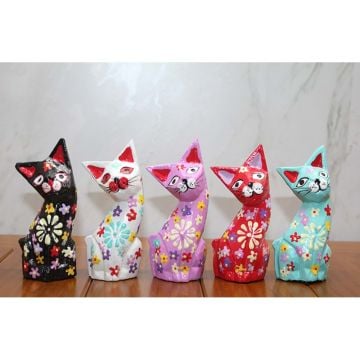 Ahşap Dekorlu Çiçekli Kedi Bibloları 5'li