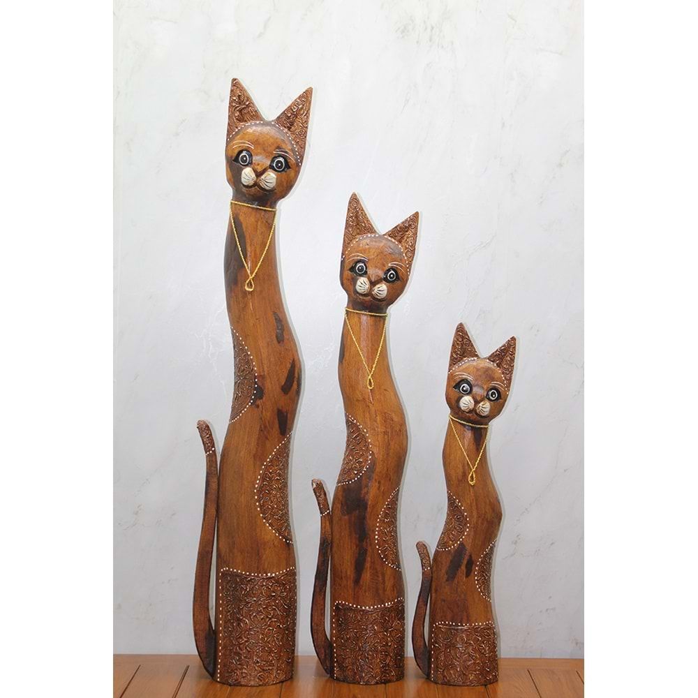 Ahşap Kahverengi Dekorlu Kedi Bibloları 3'lü (100 cm)