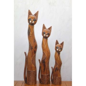 Ahşap Kahverengi Dekorlu Kedi Bibloları 3'lü (100 cm)