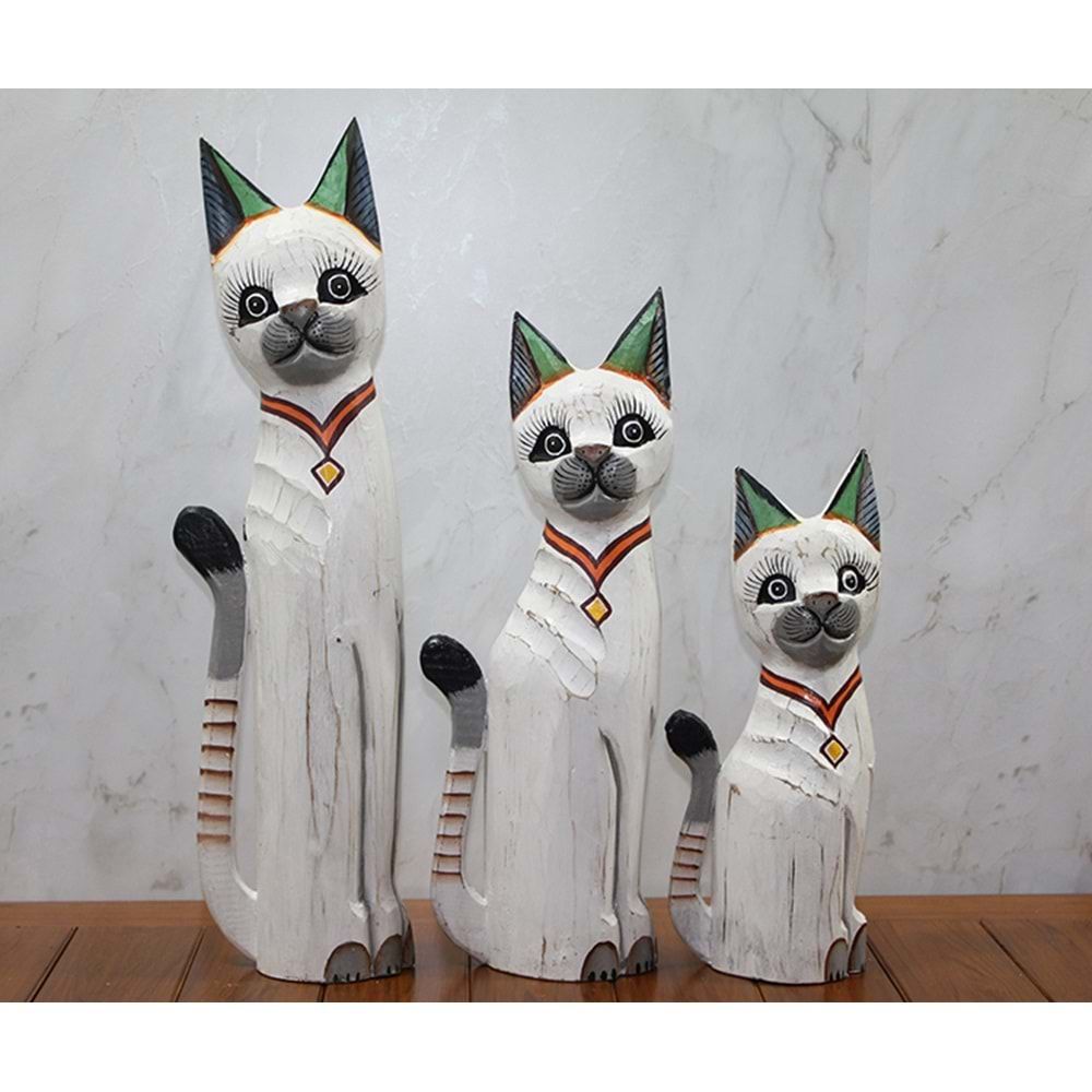 Ahşap Beyaz Dekorlu Kedi Bibloları 3'lü (30-40-50 cm)