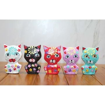 Ahşap Çiçekli Dekorlu Kedi Bibloları 5'li (9 cm)