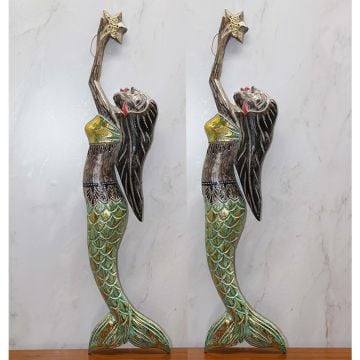 Dekoratif Yeşil Deniz Kızı Tasarımlı Ahşap Duvar Süsü (57 cm)