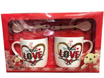 Love Kalp Desenli Hediye Seramik Kaşıklı Kupa Bardak (2 Adet)