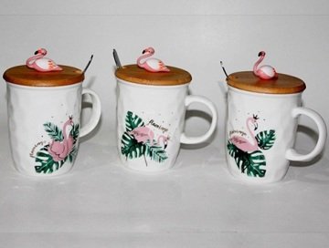 Flamingo Tasarım Kapaklı Kaşıklı Seramik Kupa Bardak