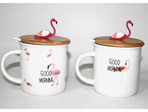 Flamingo Tasarım Ahşap Kapaklı Kaşıklı Seramik Kupa Bardak