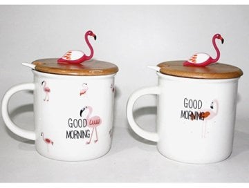 Flamingo Tasarım Ahşap Kapaklı Kaşıklı Seramik Kupa Bardak