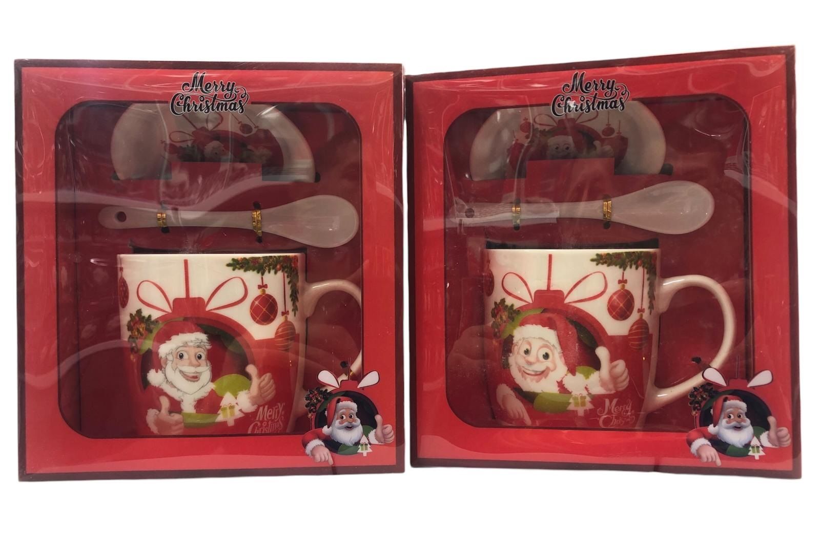Seramik Yılbaşı Noel Baba Kaşıklı Altlıklı Kupa Bardak