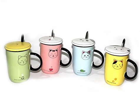 Kedi Tasarımlı Seramik Kapaklı Kaşıklı Kupa Bardak