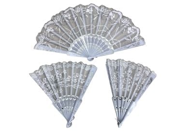 Plastik Çiçek Desenli Yelpaze Beyaz (12 Adet)