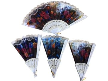 Plastik Çiçek Desenli Dantelli Yelpaze (12 Adet)