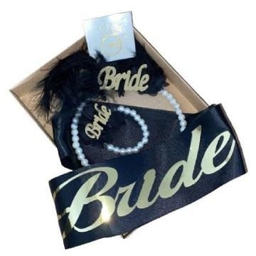 Bride Siyah Üstü Gold Taç Dövme Bileklik ve Kuşak Seti