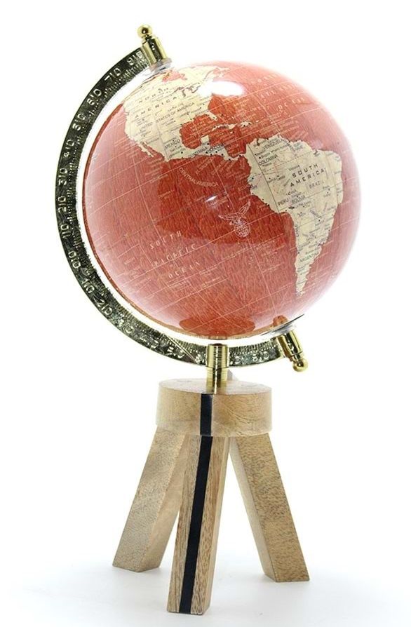 Ahşap Altlıklı Dekoratif Pusulalı Kırmızı Dünya Küre (32cm)
