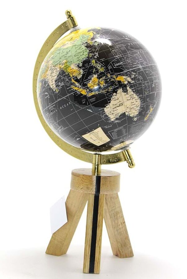 Ahşap Altlıklı Dekoratif Pusulalı Siyah Dünya Küre (32cm)