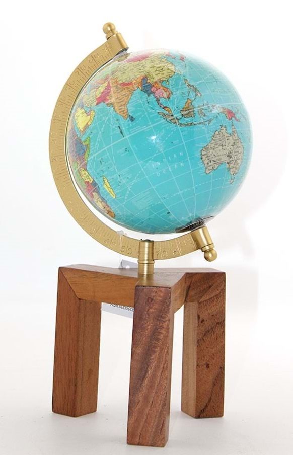 Ahşap Altlıklı Dekoratif Mavi Dünya Küre Pusulalı (27cm)