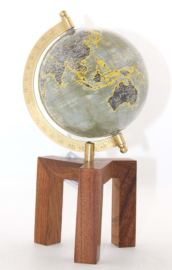 Ahşap Altlıklı Dekoratif Gri Dünya Küre Pusulalı (27cm)