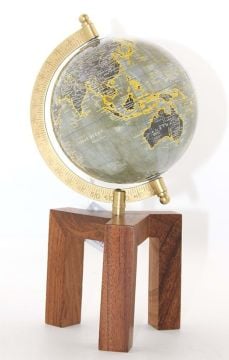 Ahşap Altlıklı Dekoratif Gri Dünya Küre Pusulalı (27cm)