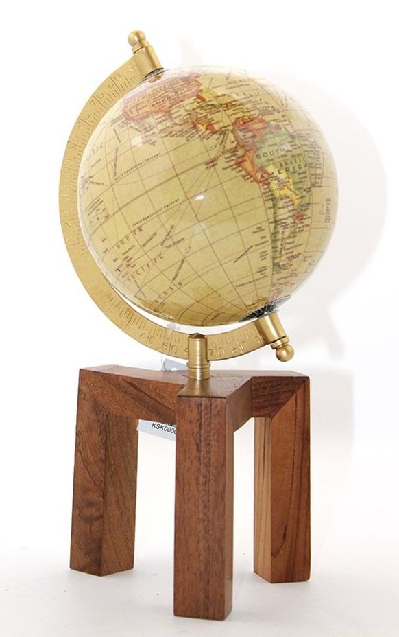 Ahşap Altlıklı Dekoratif Sarı Dünya Küre Pusulalı (27cm)