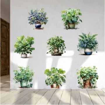 Dekoratif Saksılı Çiçek Tasarımlı Yapışkanlı Sticker 8'li