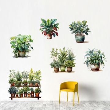Dekoratif Saksılı Çiçek Tasarımlı Yapışkanlı Sticker 6'lı