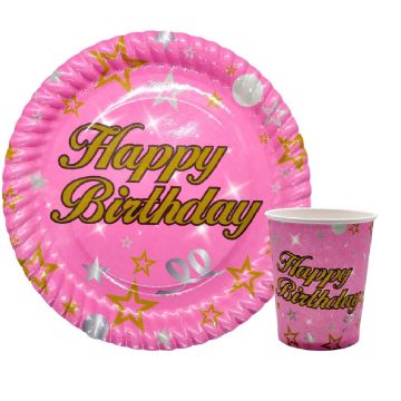 Pembe Happy Birthday Baskılı Karton Tabak ve Bardak (8 Adet)